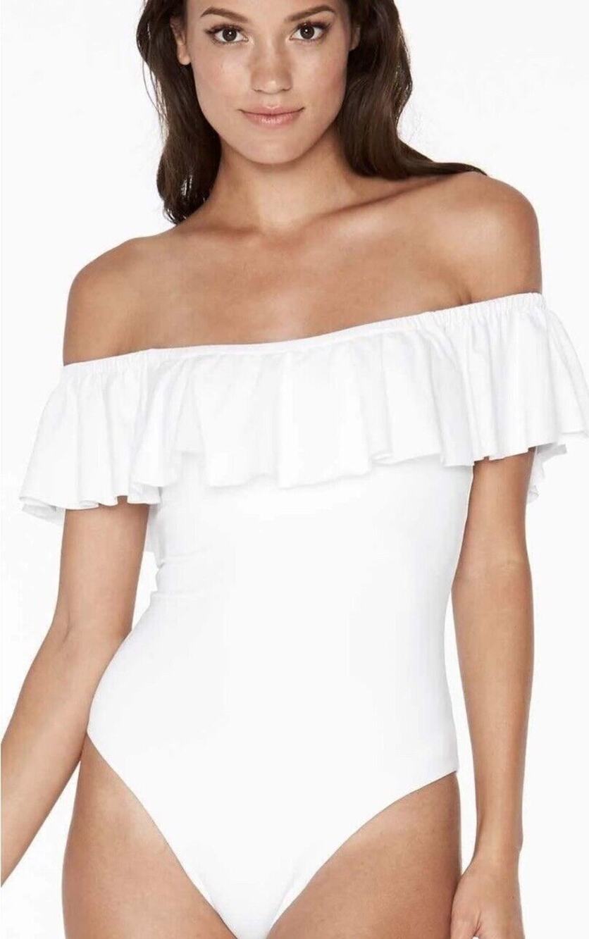 L*Space $180 Kimora One Piece Ruffle Off Shoulder Swimsuit Cheeky White Size 8